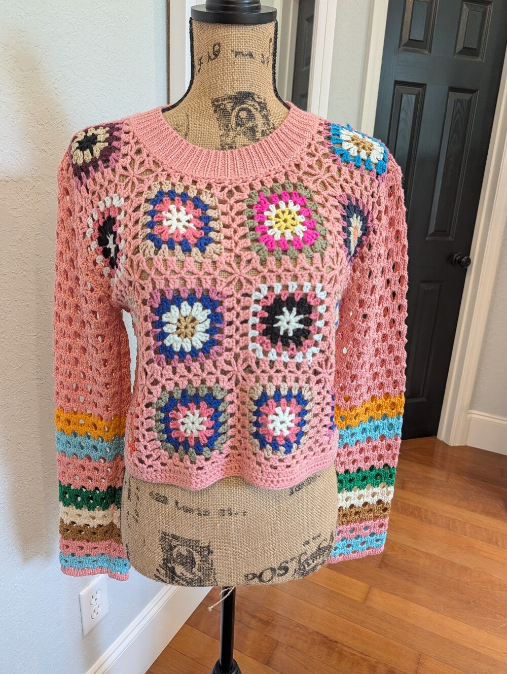 Crocheted Granny Square Cropped Sweater